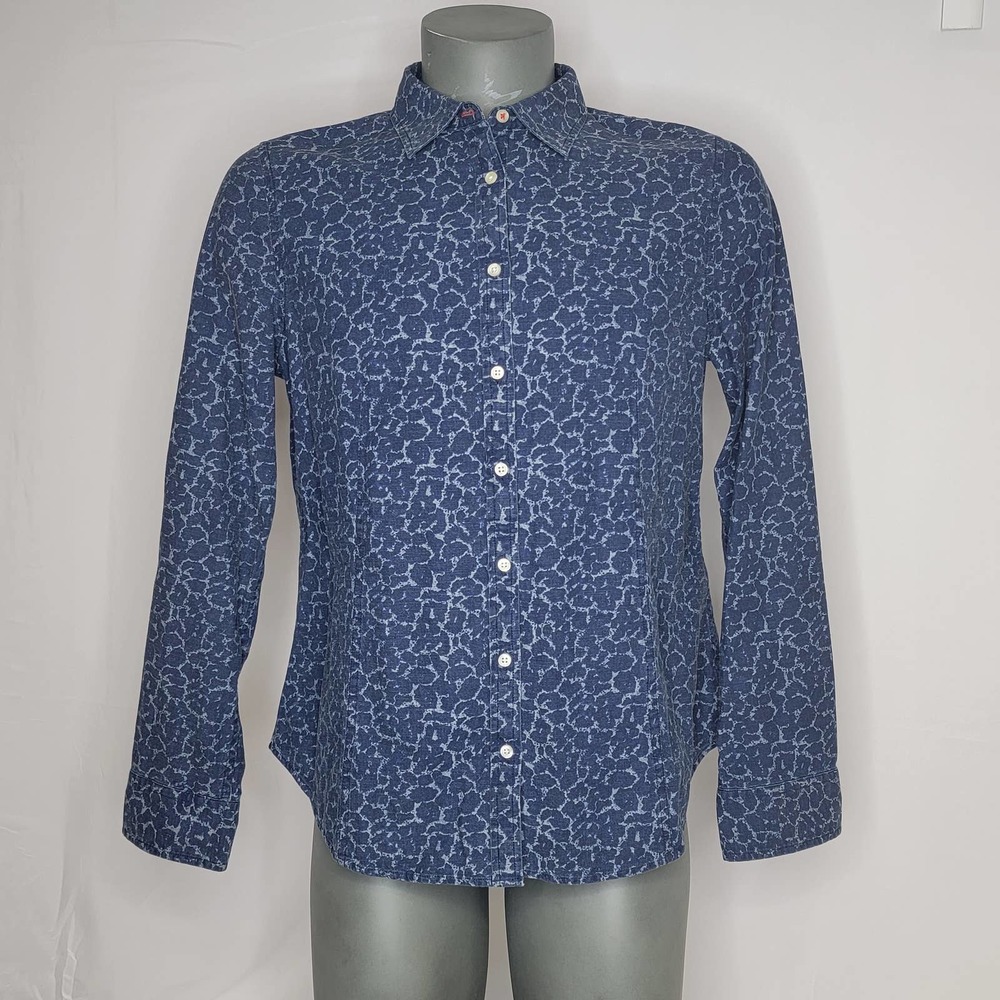 EUC Talbots Acid Wash Navy Women's Size 14 Long Sleeve Button Down Shirt Top WOW